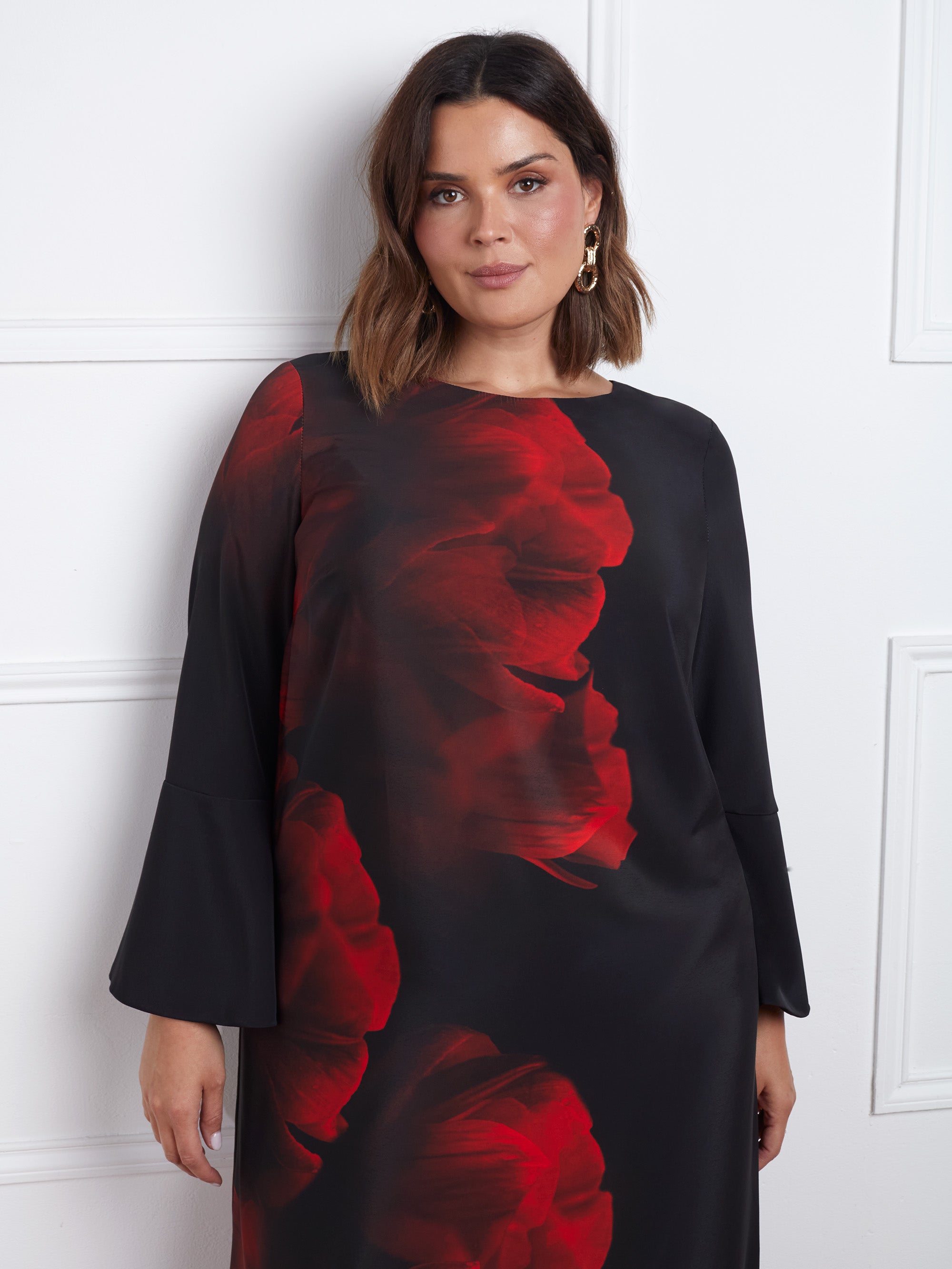 Red Floral Print Flared Sleeve Midaxi Dress