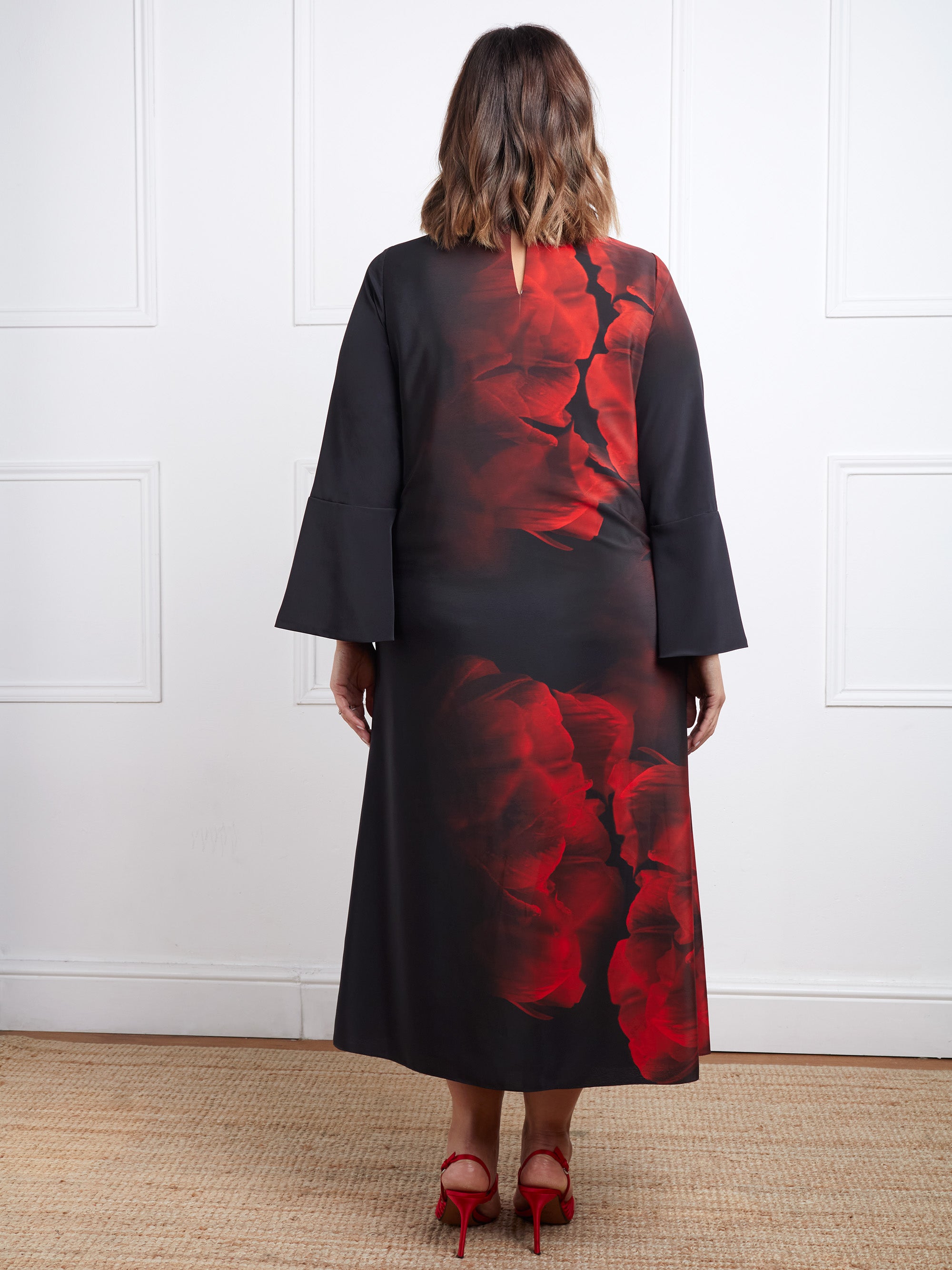 Red Floral Print Flared Sleeve Midaxi Dress