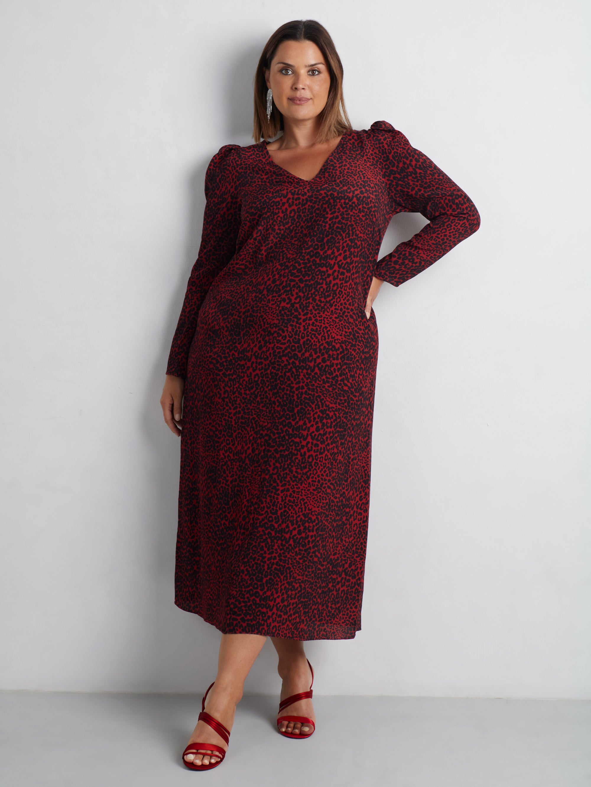 Red Leopard Print Long Sleeve Midi Dress