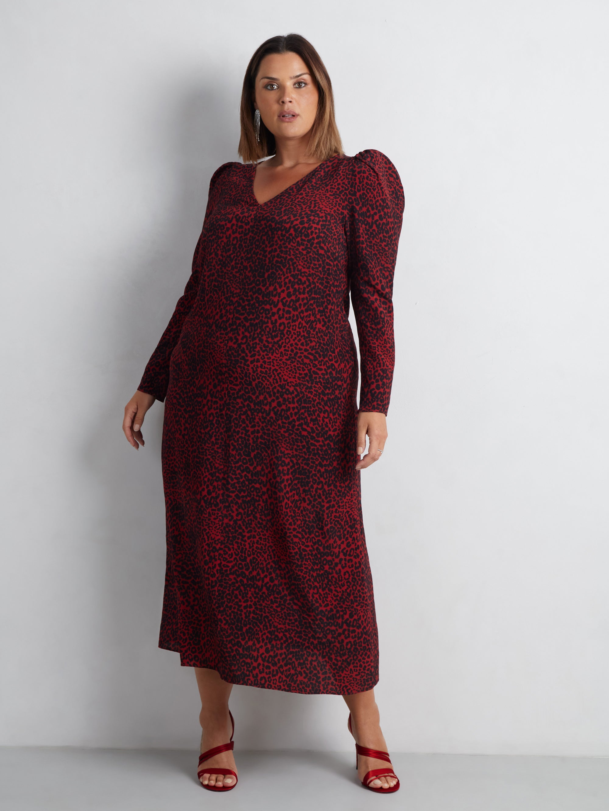 Red Leopard Print Long Sleeve Midi Dress