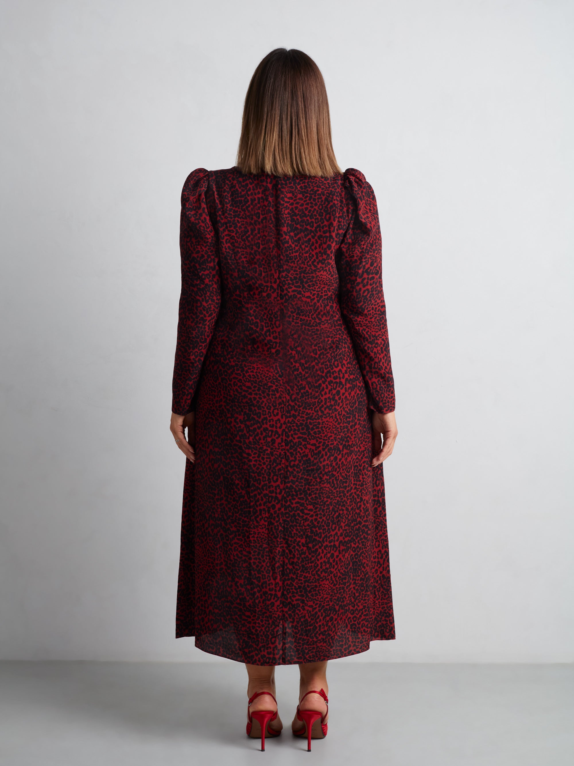 Red Leopard Print Long Sleeve Midi Dress