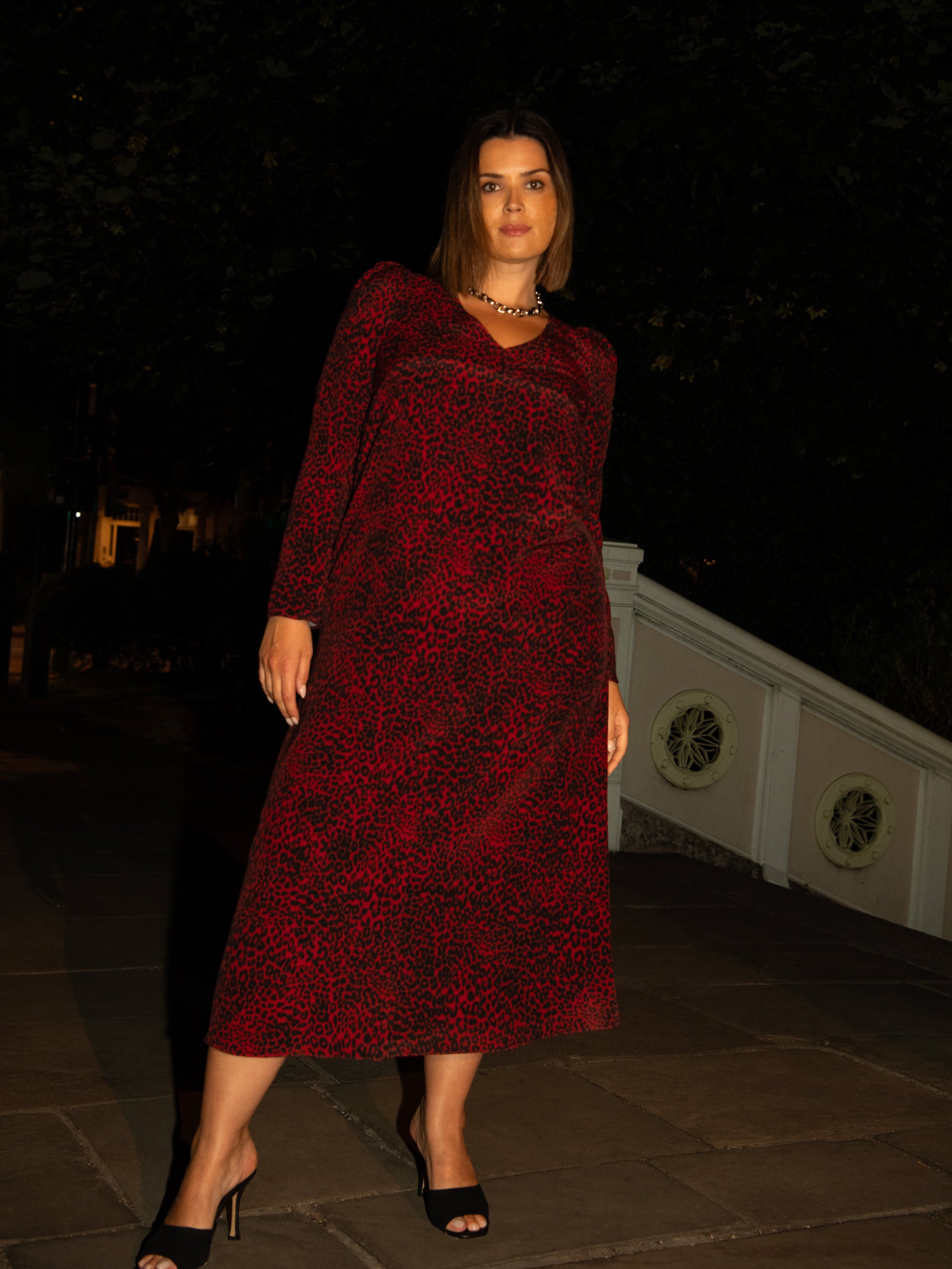 Red Leopard Print Long Sleeve Midi Dress