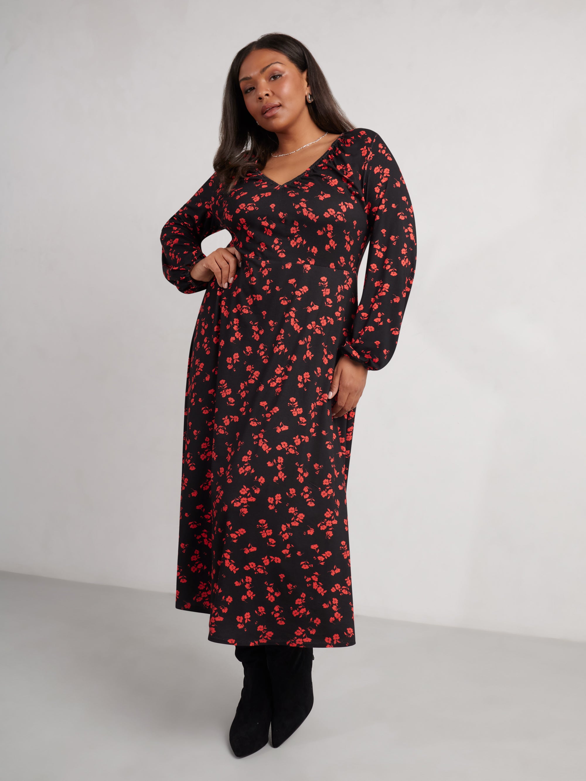 Red Floral Print Jersey V-Neck Midi Dress