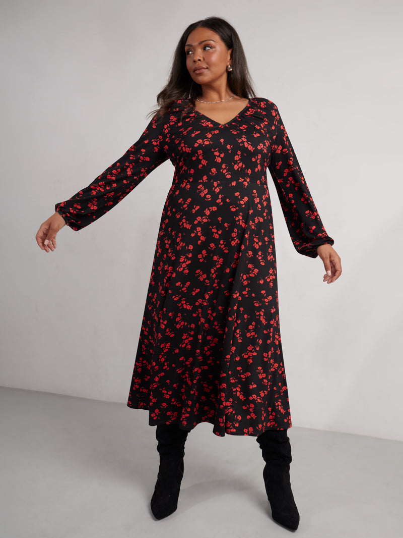 Petite Red Floral Print Jersey V-Neck Midi Dress