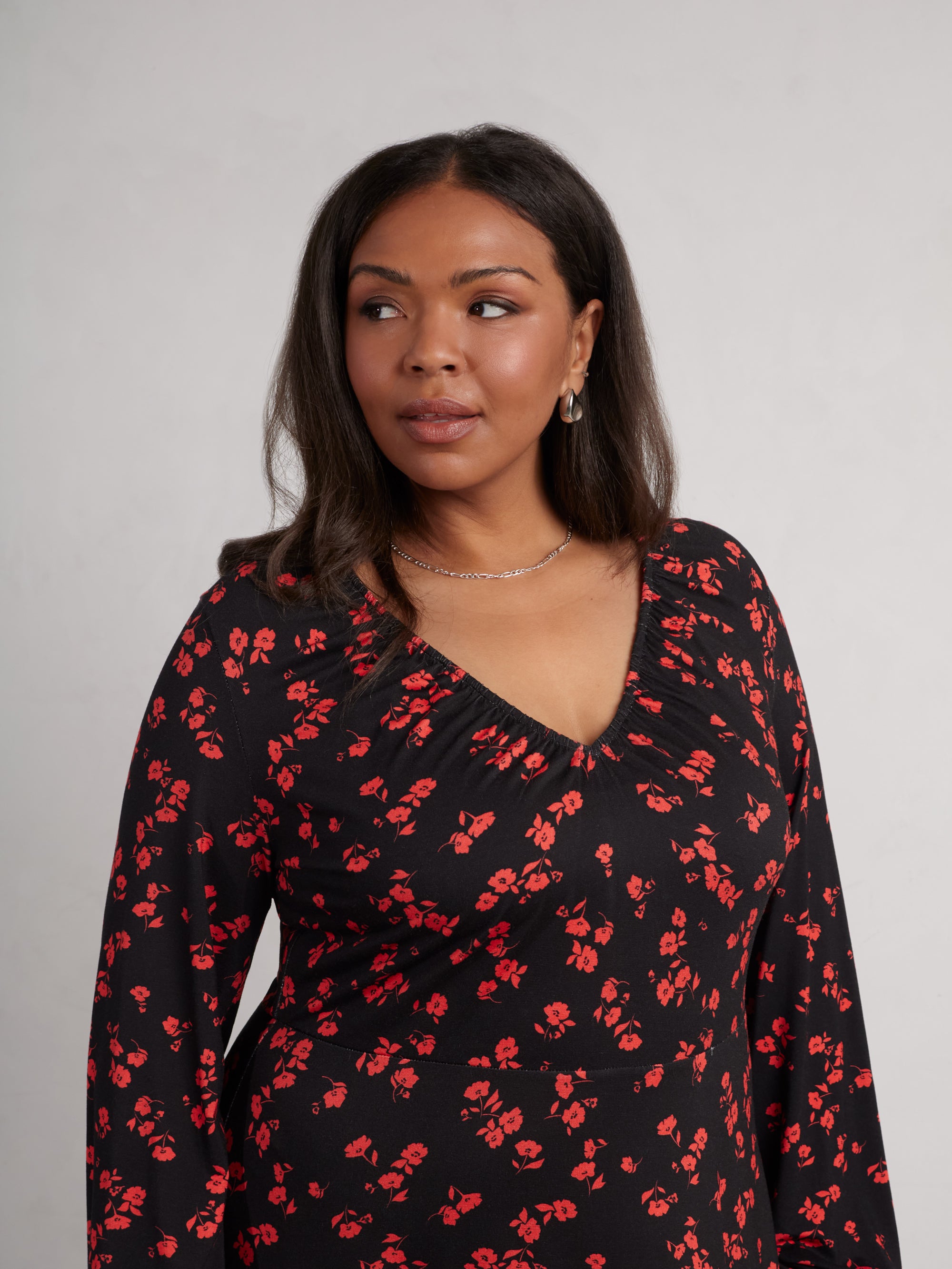 Red Floral Print Jersey V-Neck Midi Dress