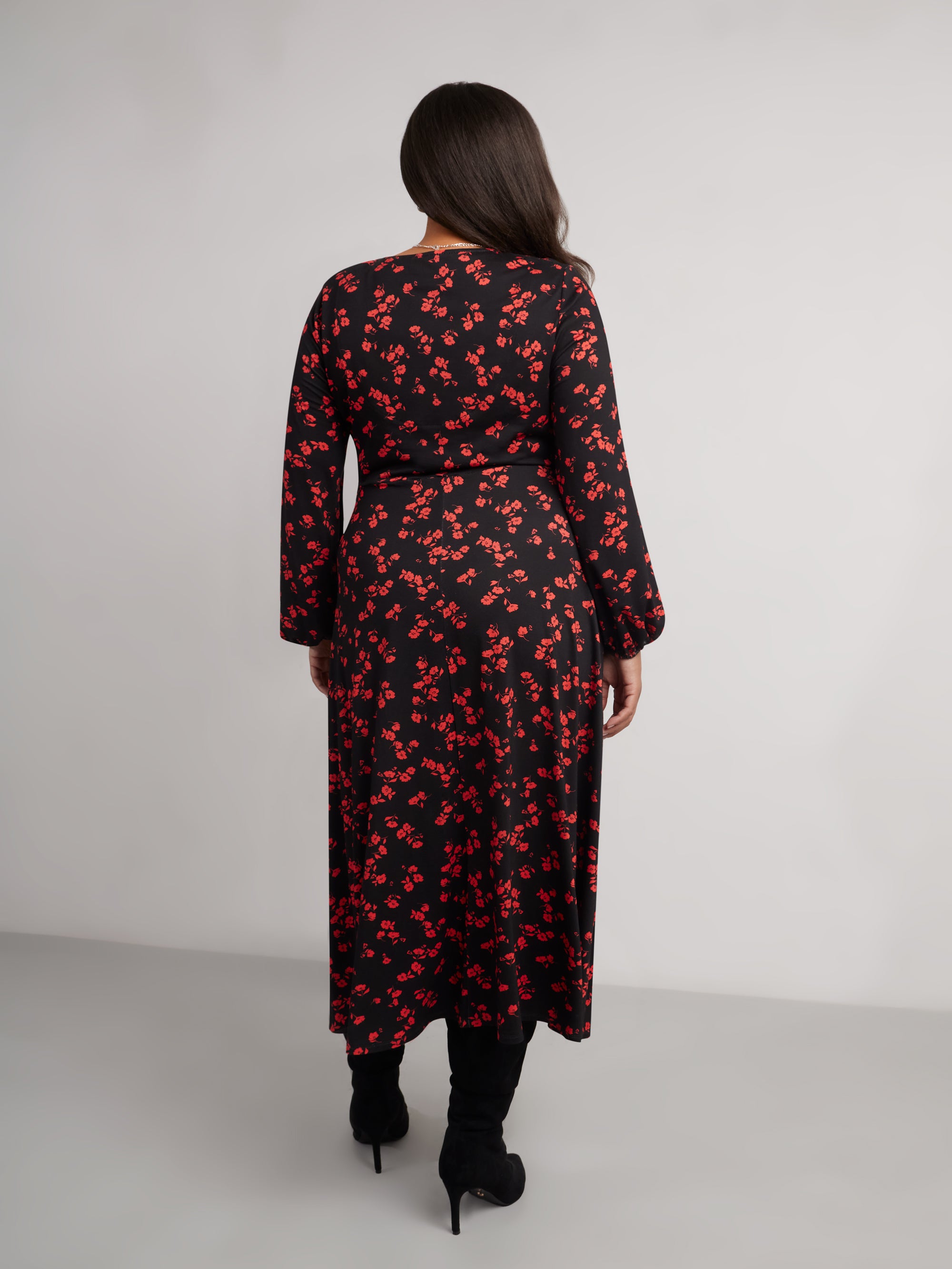 red floral print jersey split cami midi dress ME+EM Graphic Lace Print Ruched Midi Dress Poppy Red Multi - Women's - Stretch Jersey