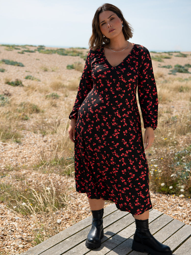 Red Floral Print Jersey V-Neck Midi Dress