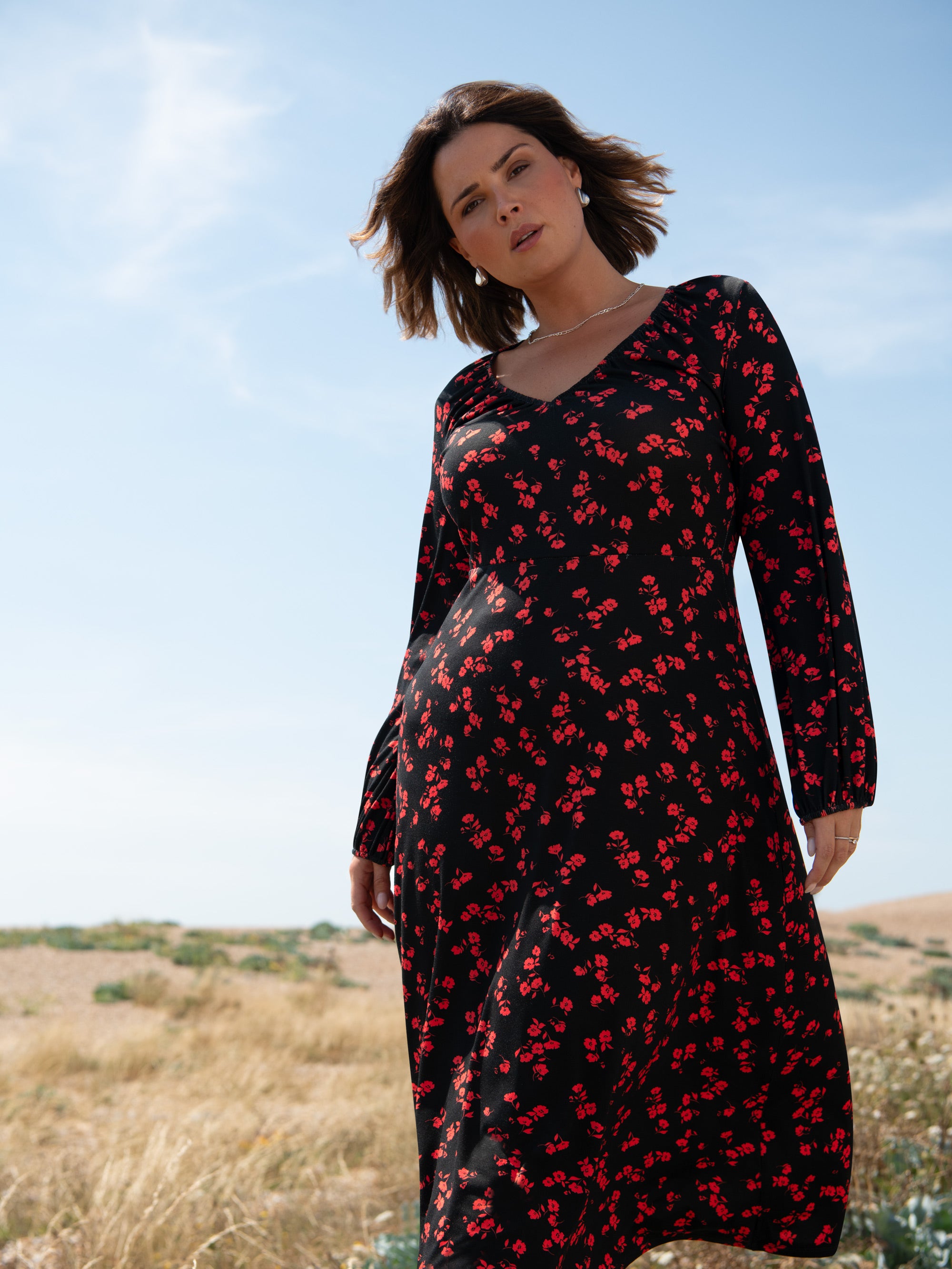 Red Floral Print Jersey V-Neck Midi Dress