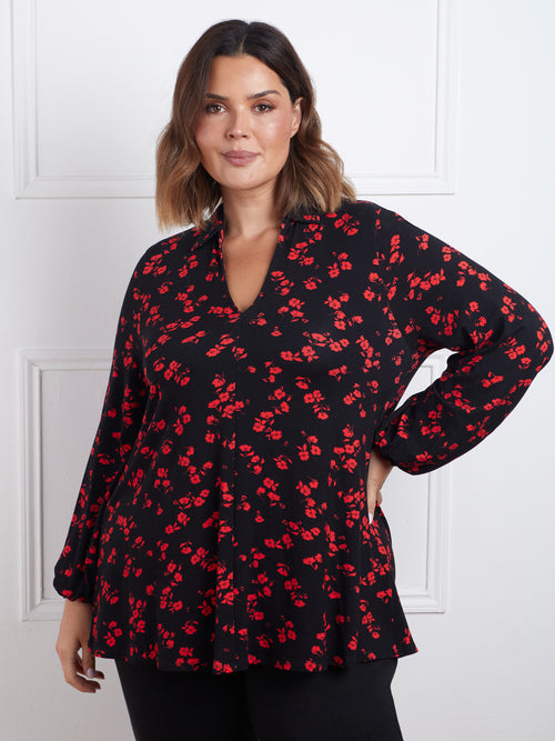 Red Floral Print Open Collared Tunic