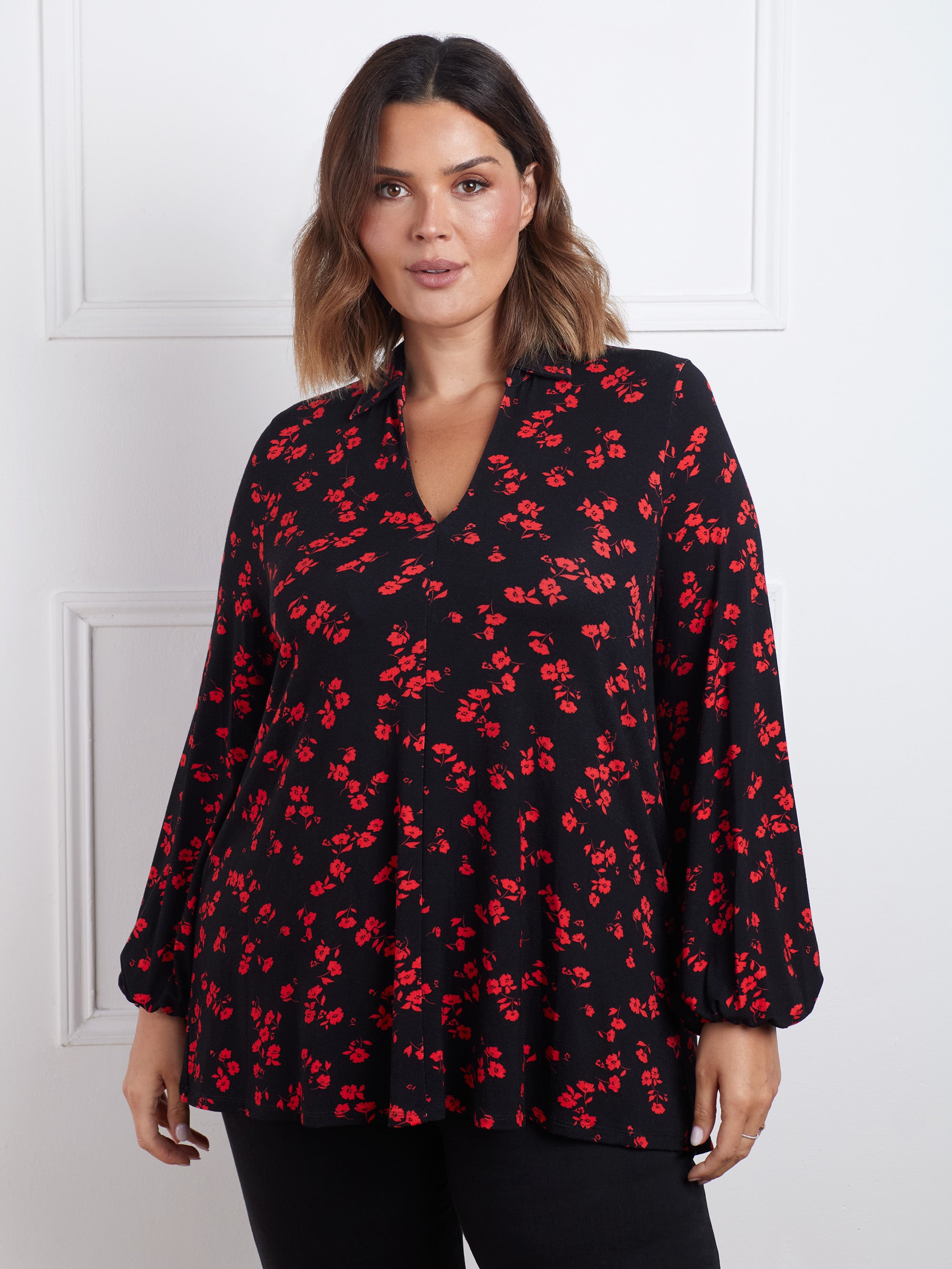 Petite Red Floral Print Open Collared Tunic