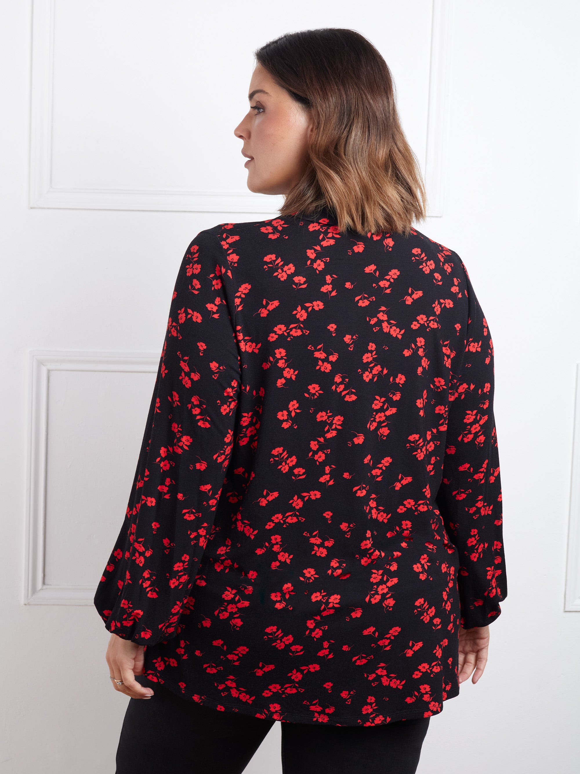 Petite Red Floral Print Open Collared Tunic