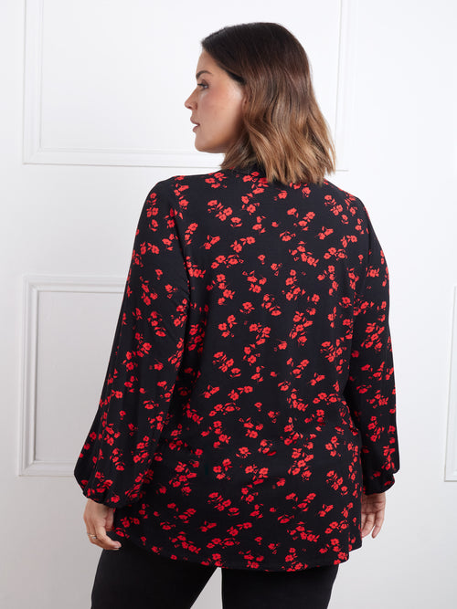 Red Floral Print Open Collared Tunic