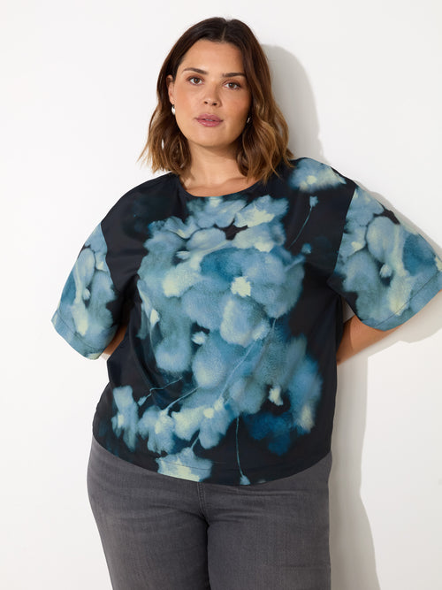 Blue Floral Print Woven Elevated T-Shirt