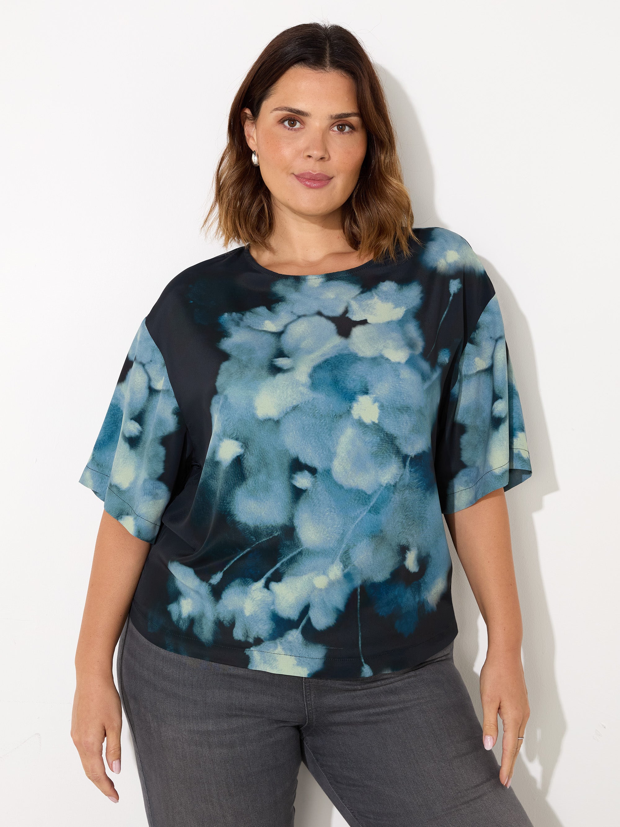 Blue Floral Print Woven Elevated T-Shirt