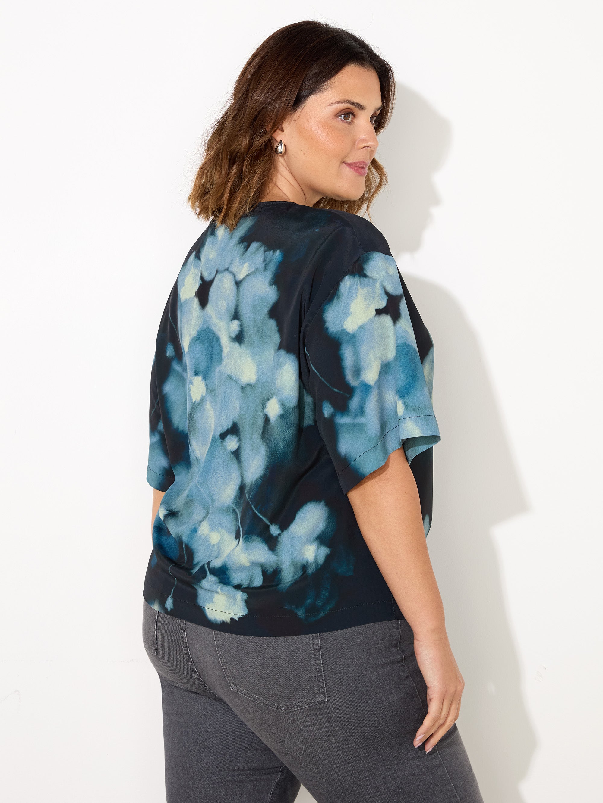 Blue Floral Print Woven Elevated T-Shirt