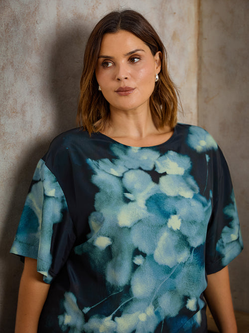 Blue Floral Print Woven Elevated T-Shirt