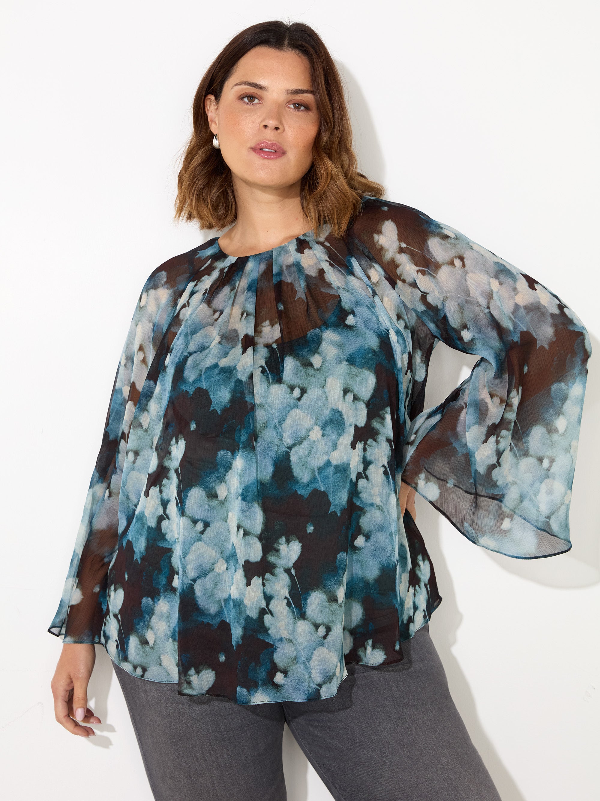 Blue Floral Crinkle Chiffon Blouse