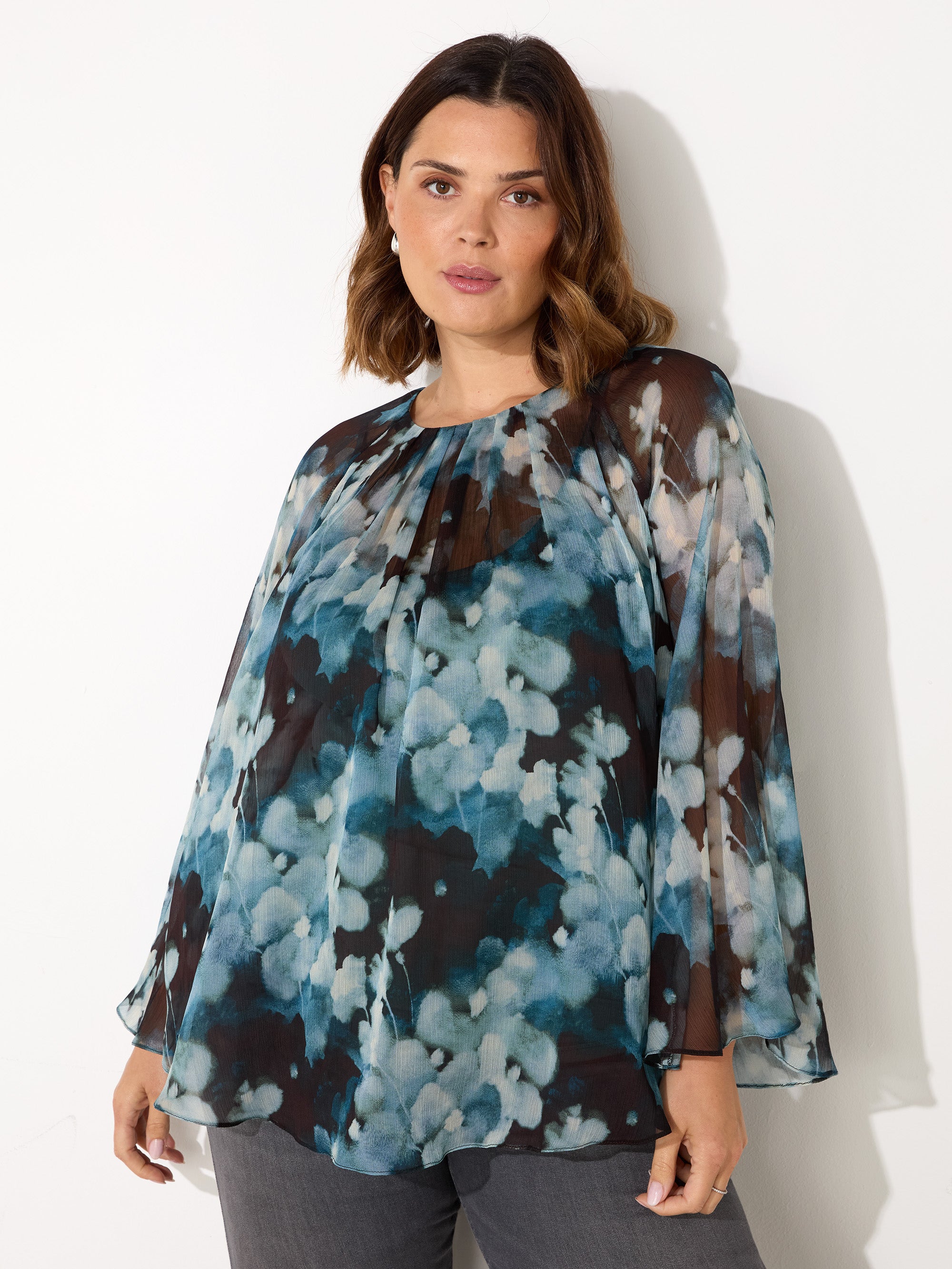 Blue Floral Crinkle Chiffon Blouse