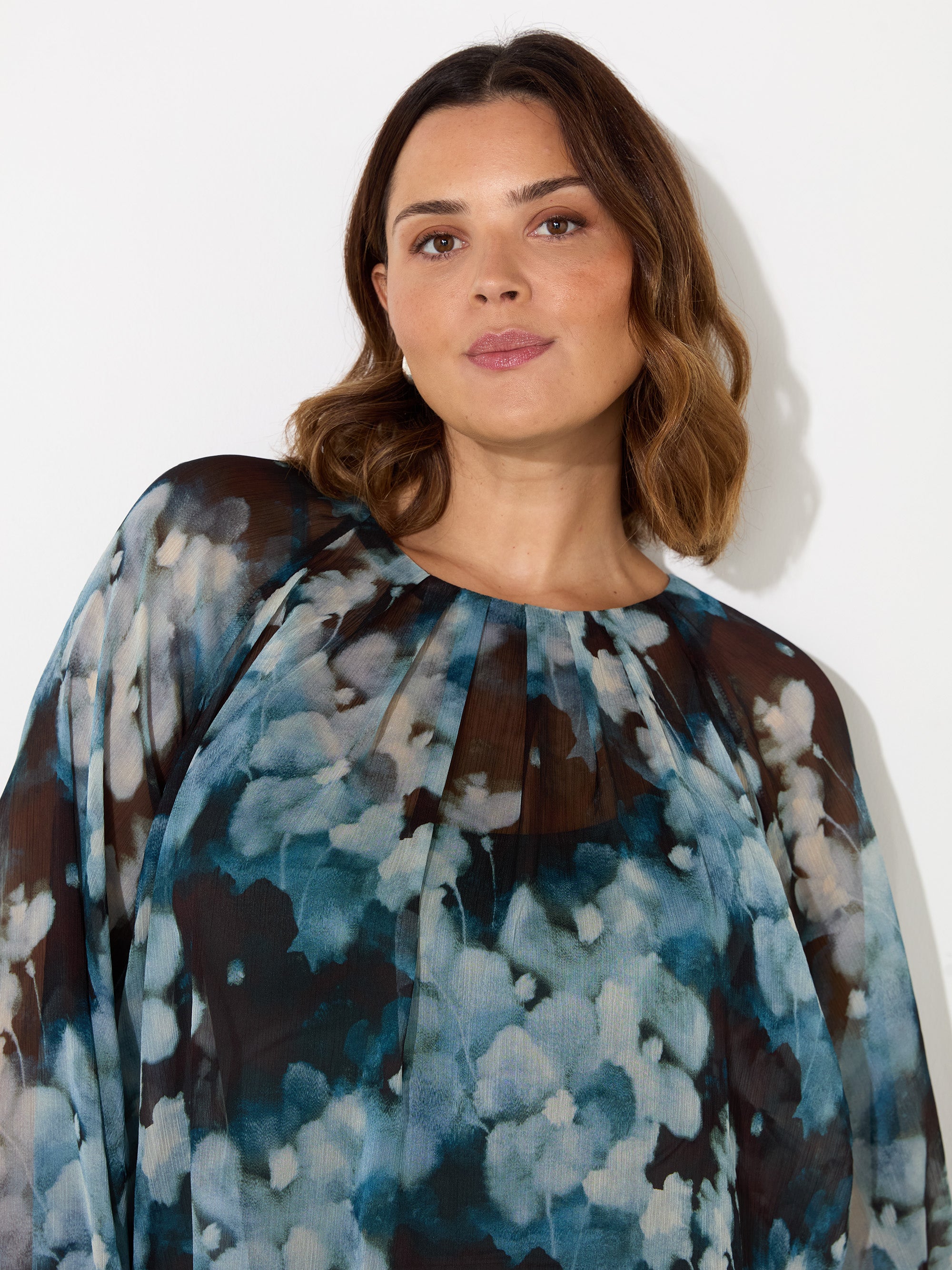 Blue Floral Crinkle Chiffon Blouse