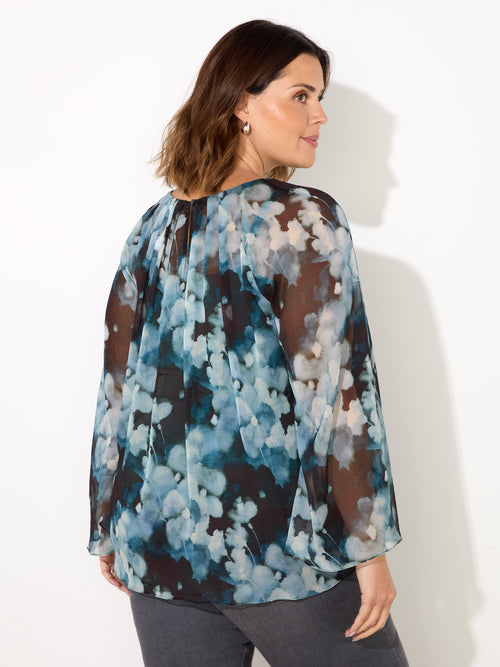 Blue Floral Crinkle Chiffon Blouse