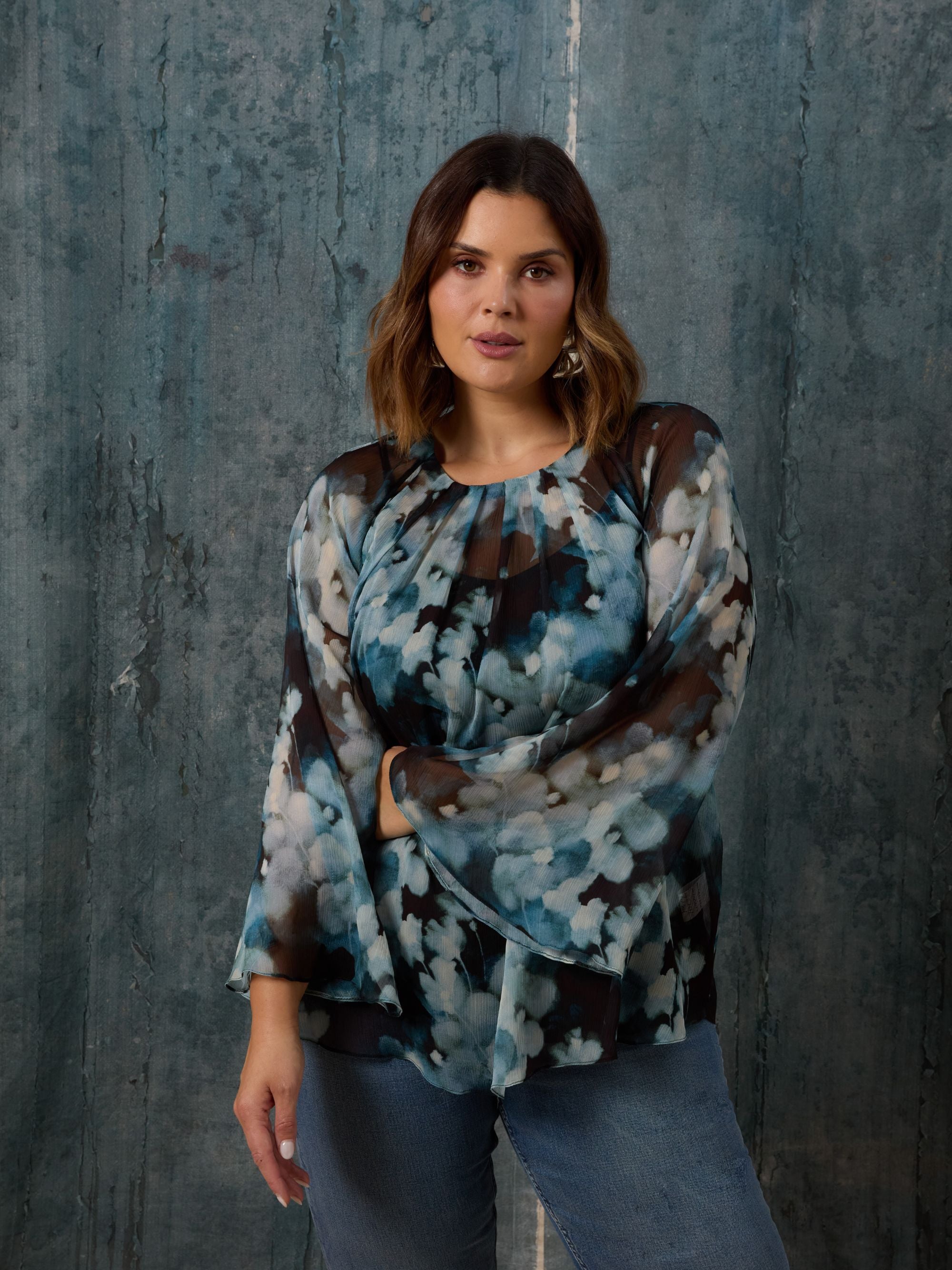 Blue Floral Crinkle Chiffon Blouse