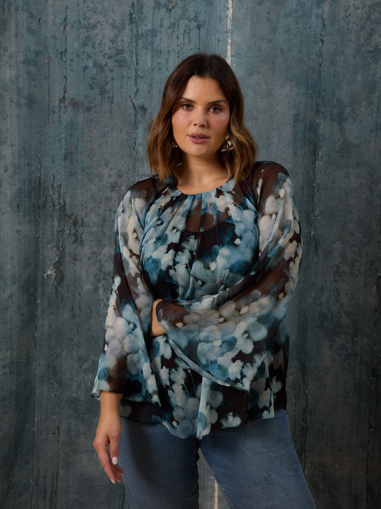 Blue Floral Crinkle Chiffon Blouse