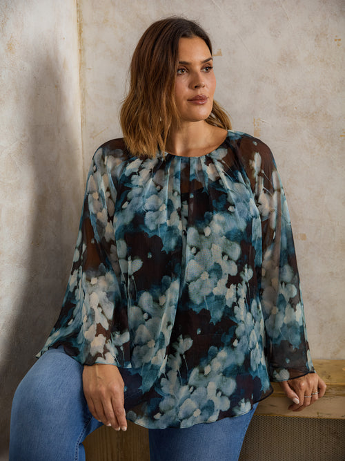 Blue Floral Crinkle Chiffon Blouse