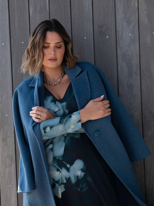 Blue Wool Blend Double Faced Long Coat