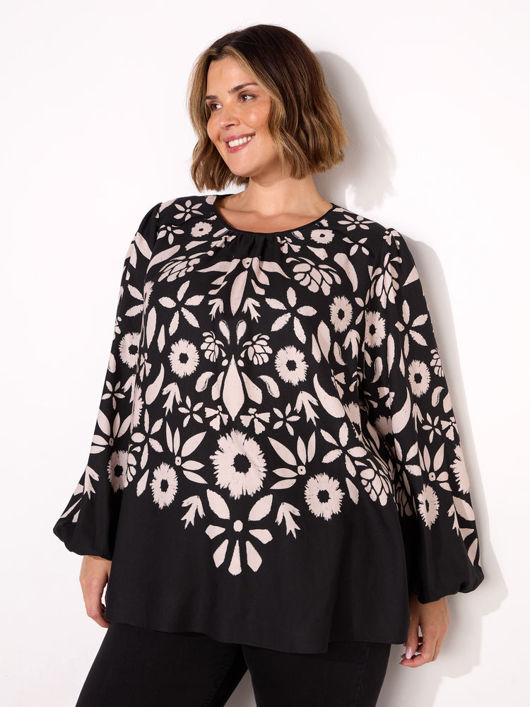 Black Graphic Floral Placement Blouse