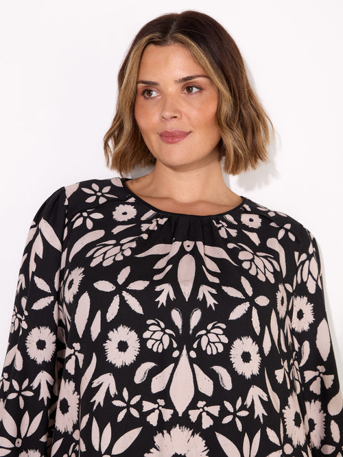 Black Graphic Floral Placement Blouse