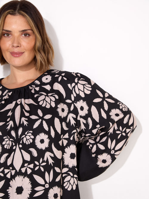 Black Graphic Floral Placement Blouse