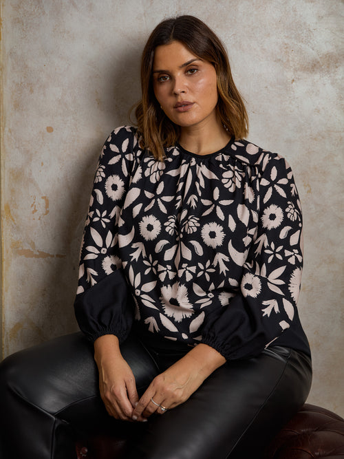 Black Graphic Floral Placement Blouse