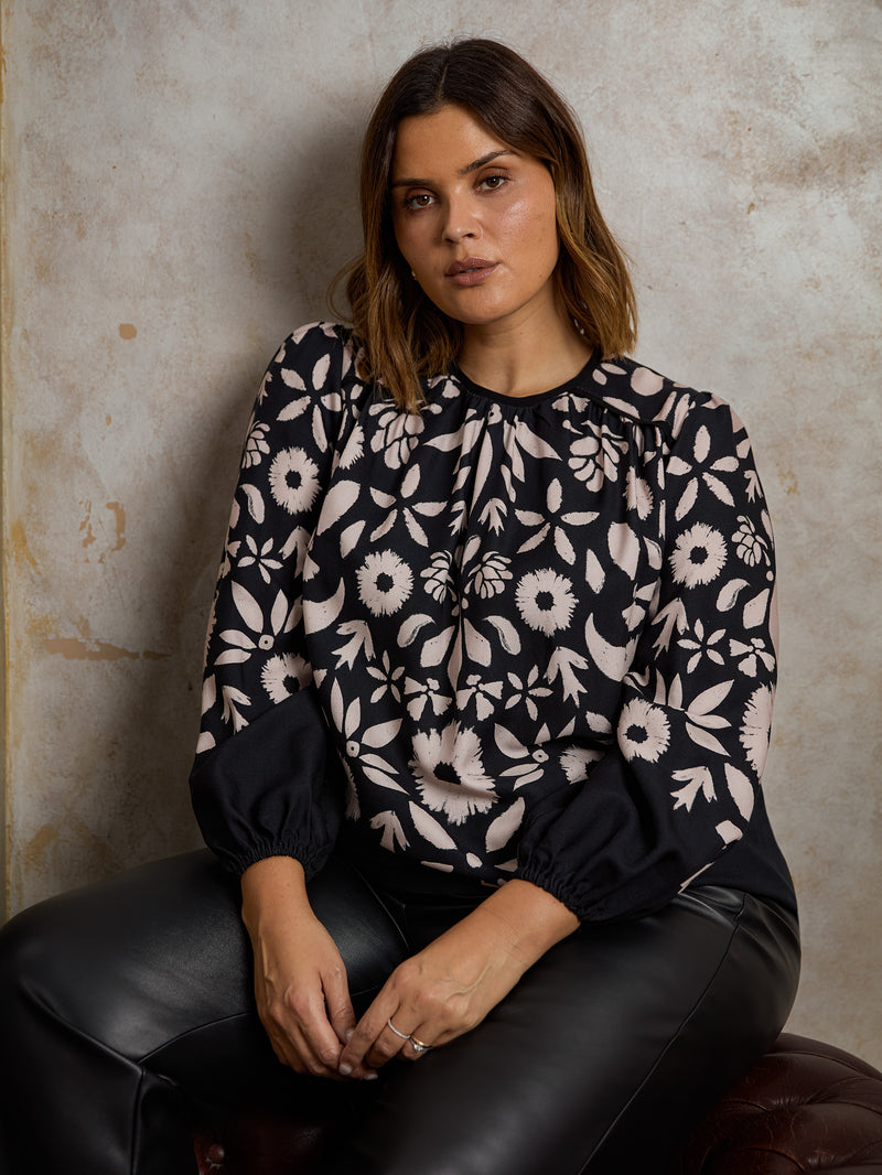 Black Graphic Floral Placement Blouse