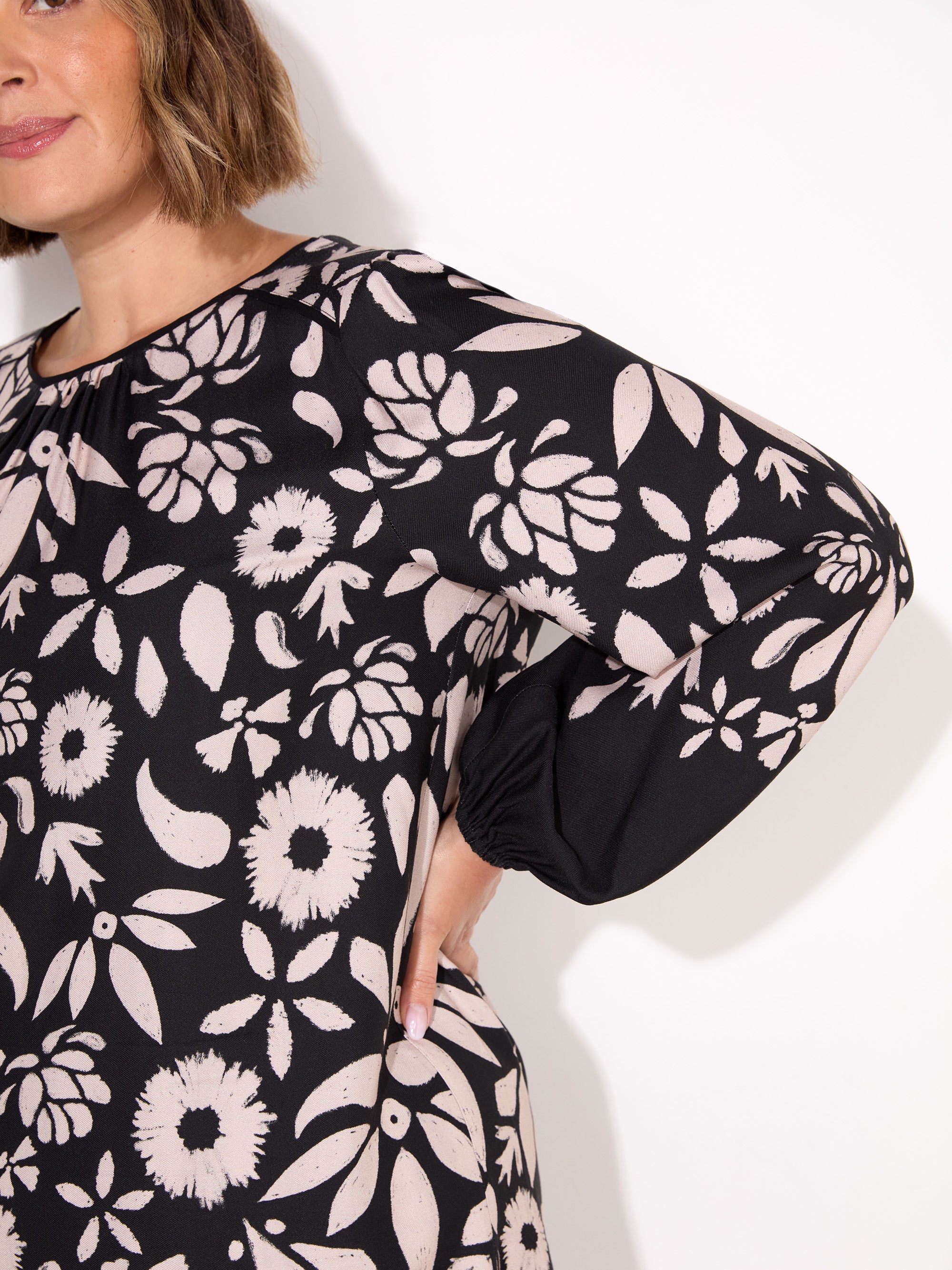 Black Graphic Floral Placement Dress