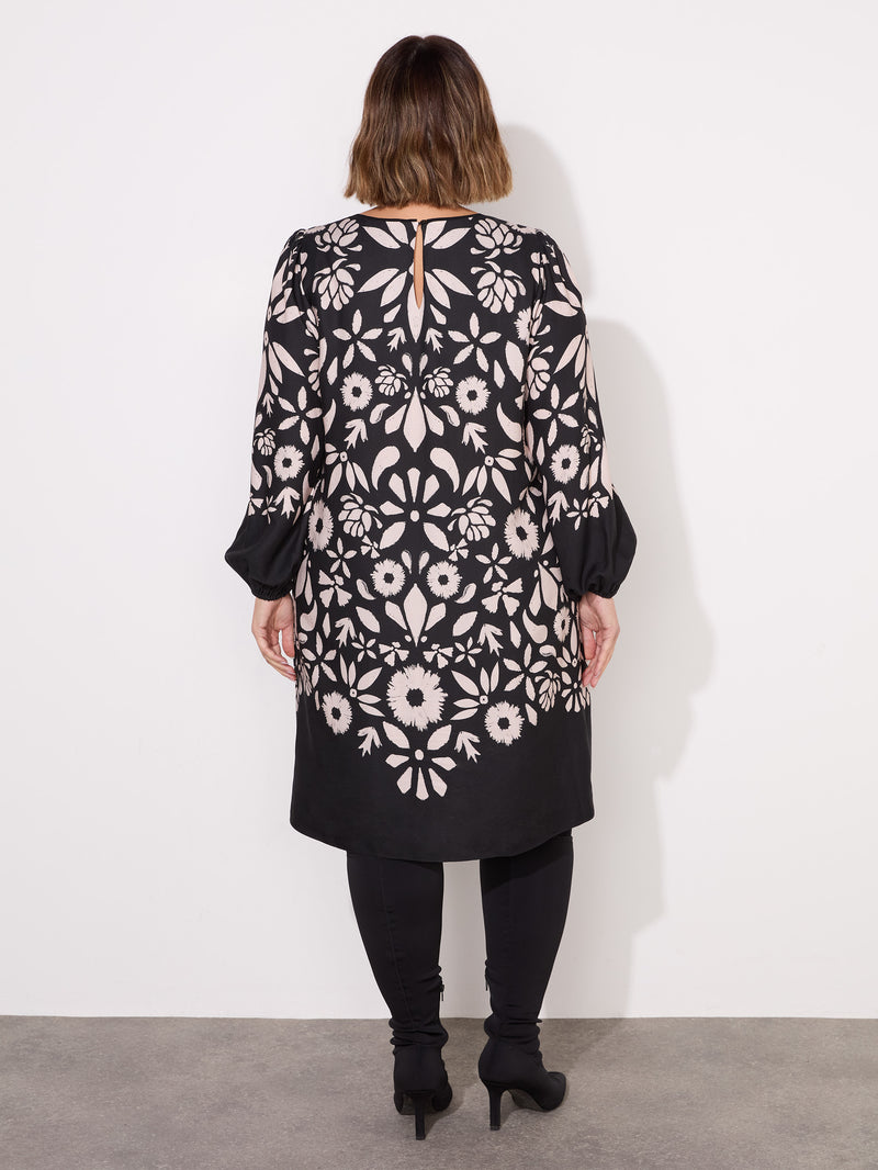Black Graphic Floral Placement Dress