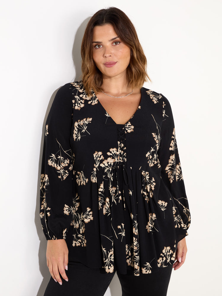 Black Floral Tie Front Blouse