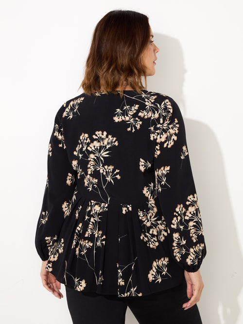 Black Floral Tie Front Blouse