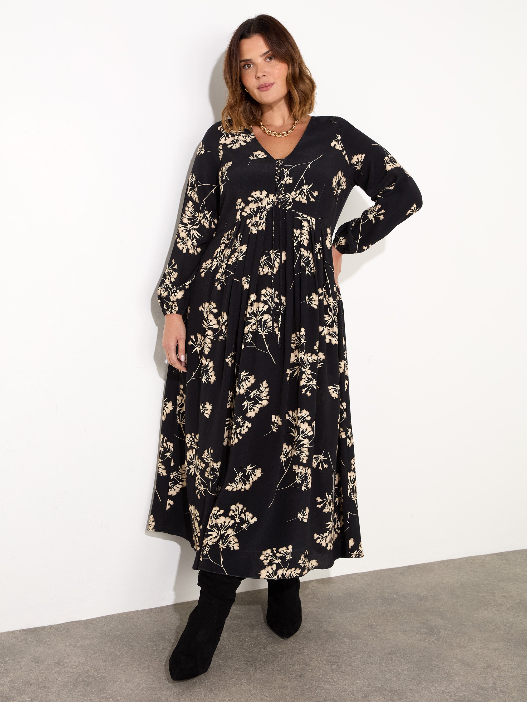 Petite Black Floral Tie Front Midi Dress