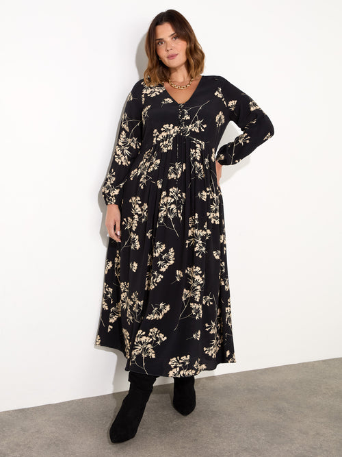 Black Floral Tie Front Midi Dress