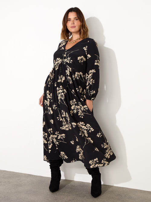 Black Floral Tie Front Midi Dress