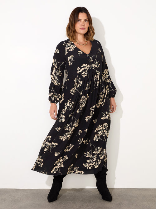 Black Floral Tie Front Midi Dress