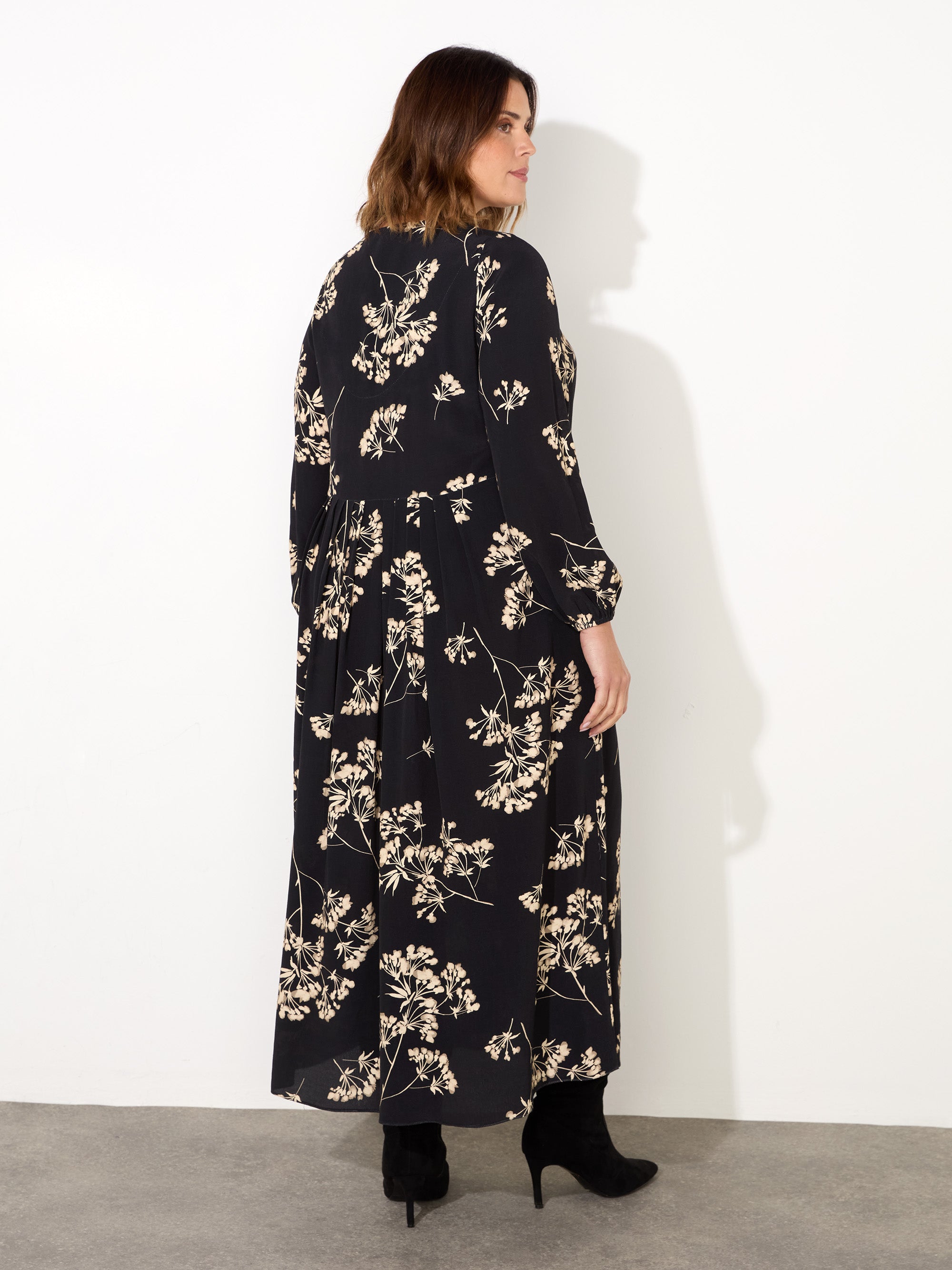 Black Floral Tie Front Midi Dress