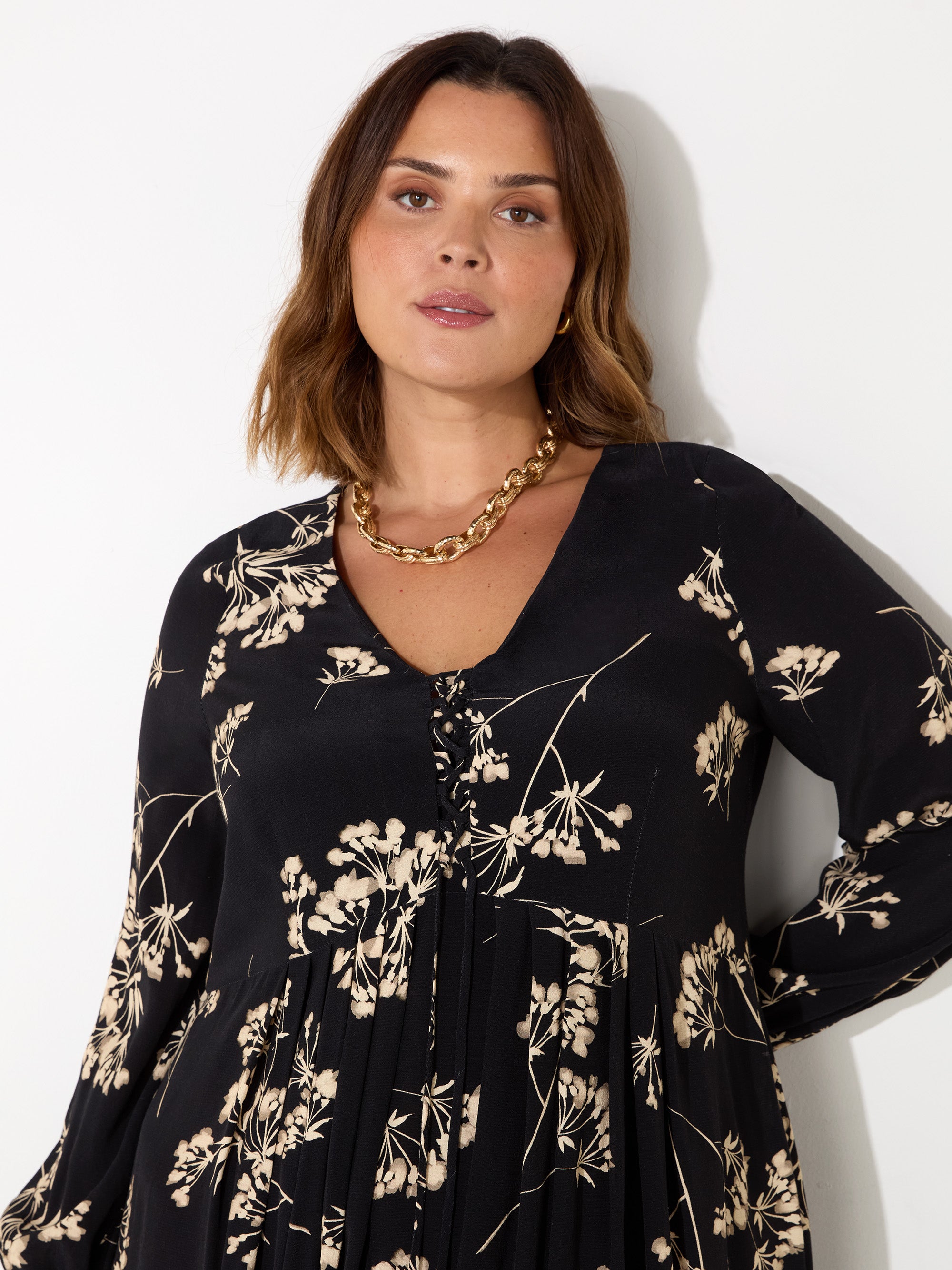 Black Floral Tie Front Midi Dress