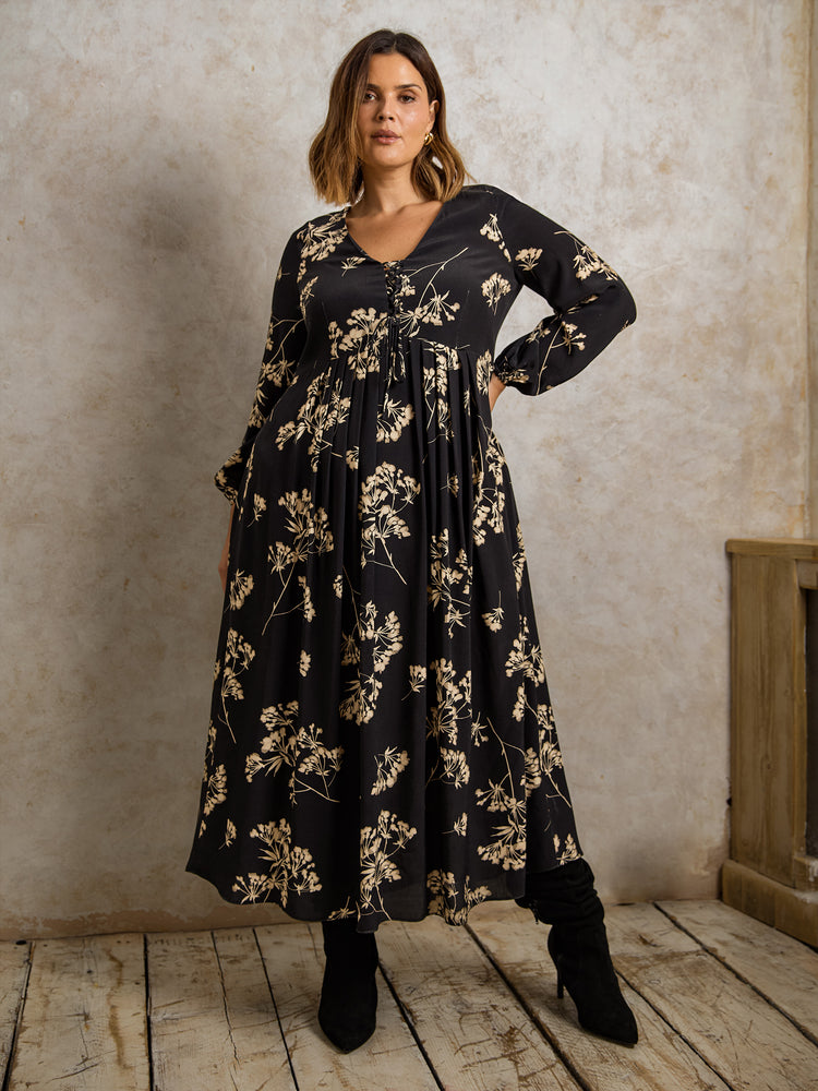 Black Floral Tie Front Midi Dress