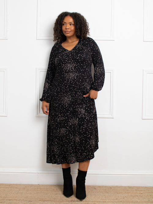 Petite Black Heart Print Gathered V-Neck Jersey Dress