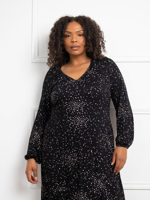 Petite Black Heart Print Gathered V-Neck Jersey Dress