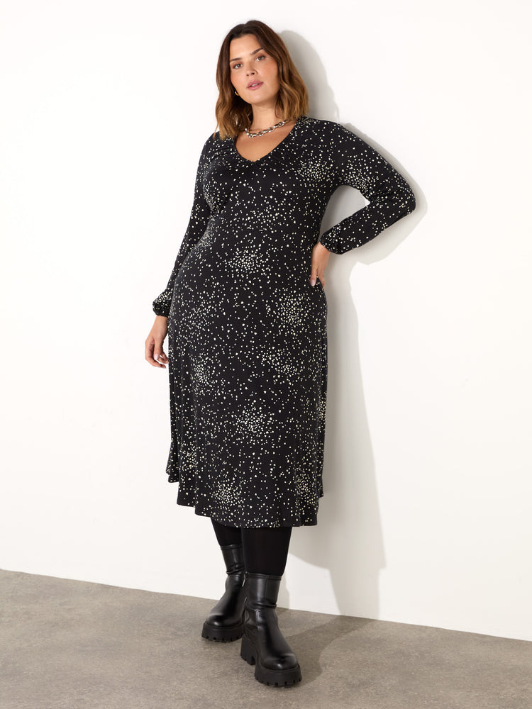 Petite Black Heart Print Gathered V-Neck Jersey Dress