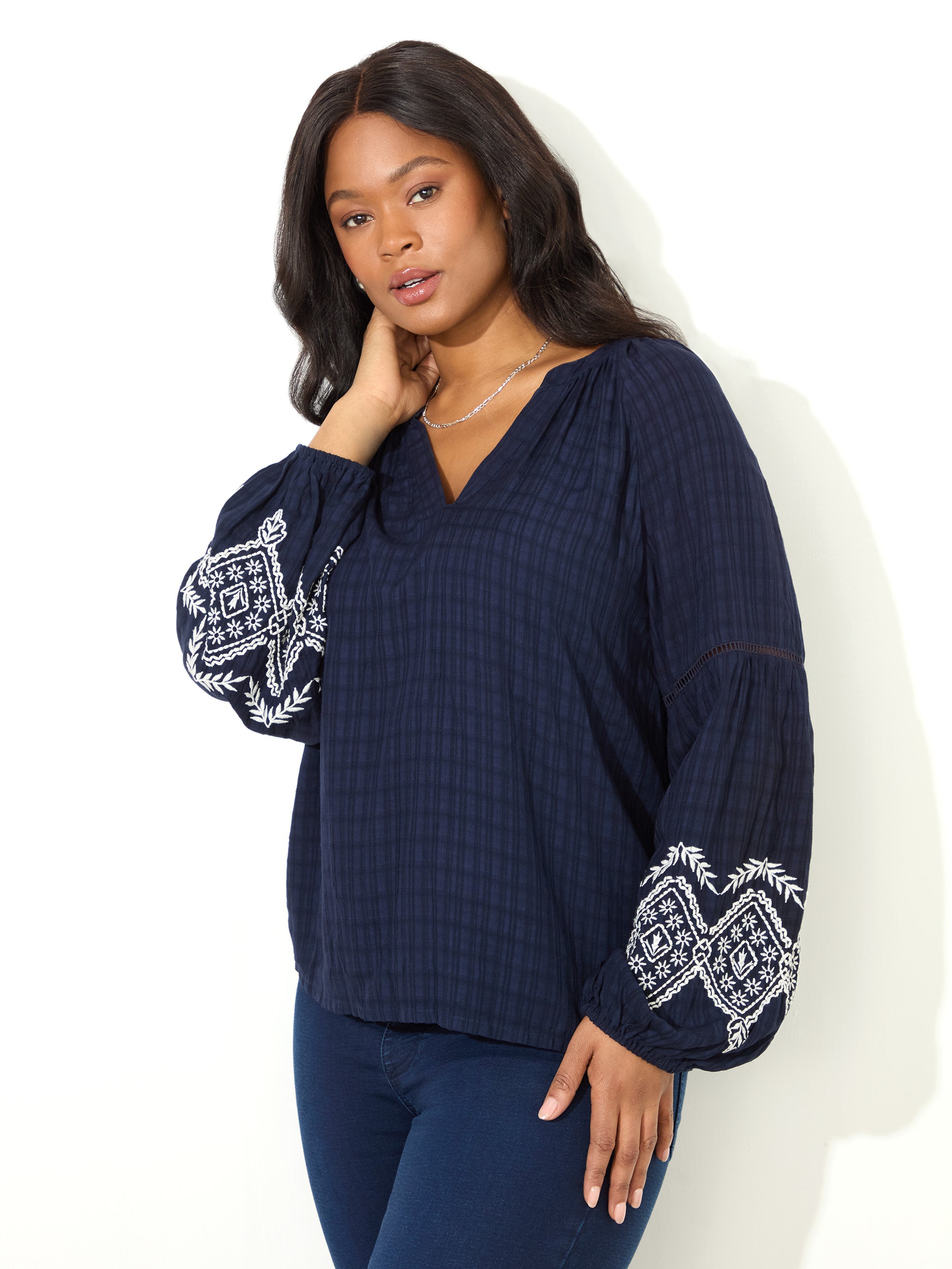 Navy Embroidered Sleeve Top