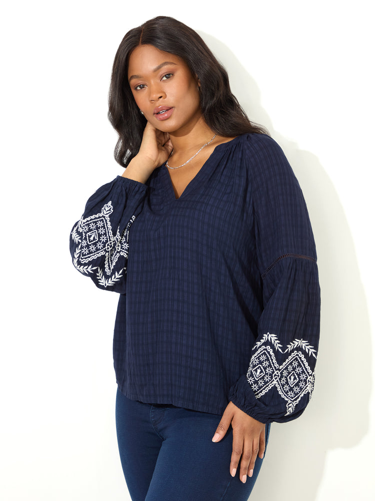 Navy Embroidered Sleeve Top