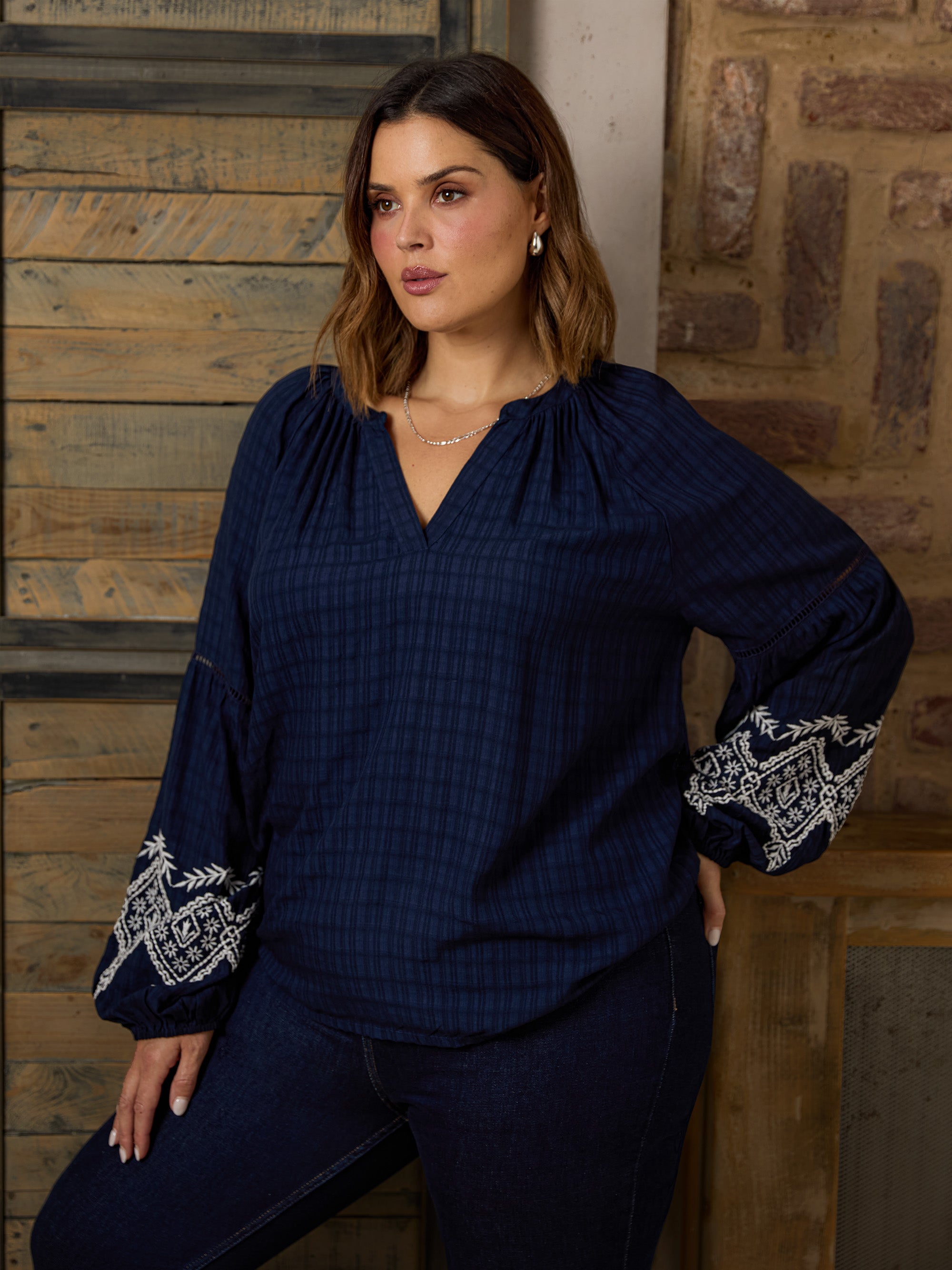 Navy Embroidered Sleeve Top